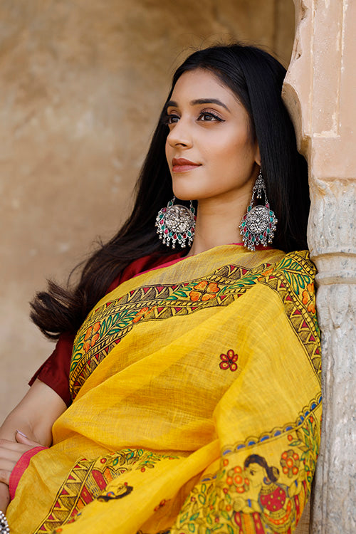 Diorama Designs Madhubani Hand-painted Pure Linen Saree