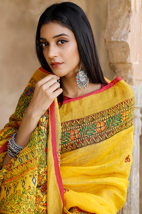 Diorama Designs Madhubani Hand-painted Pure Linen Saree