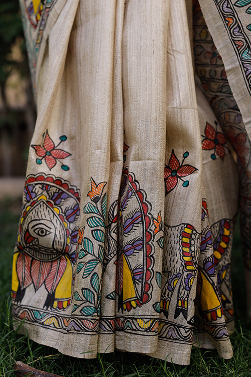 Diorama Designs Madhubani Hand-painted Krishna Raas Silk Saree