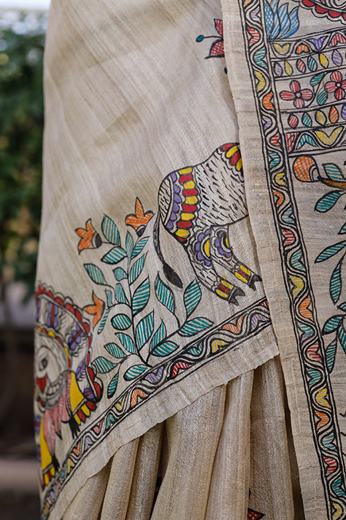 Diorama Designs Madhubani Hand-painted Krishna Raas Silk Saree