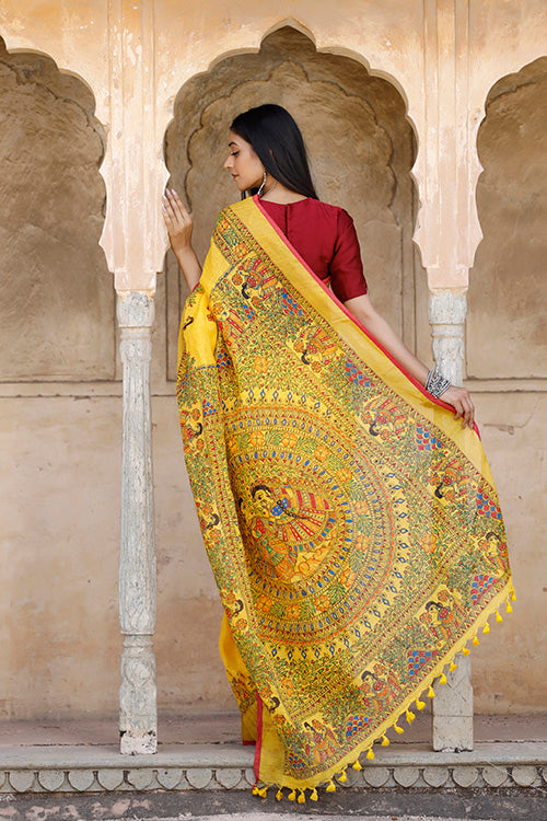 Diorama Designs Madhubani Hand-painted Pure Linen Saree