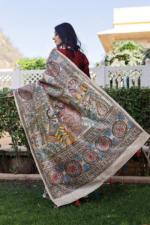 Krishna Raas Hand Painted Tussar Silk Madhubani Saree Online