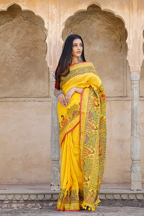 Diorama Designs Madhubani Hand-painted Pure Linen Saree