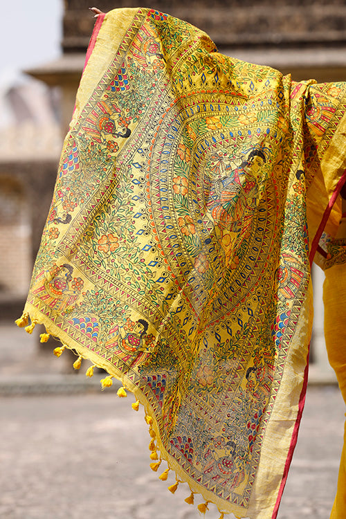 Diorama Designs Madhubani Hand-painted Pure Linen Saree