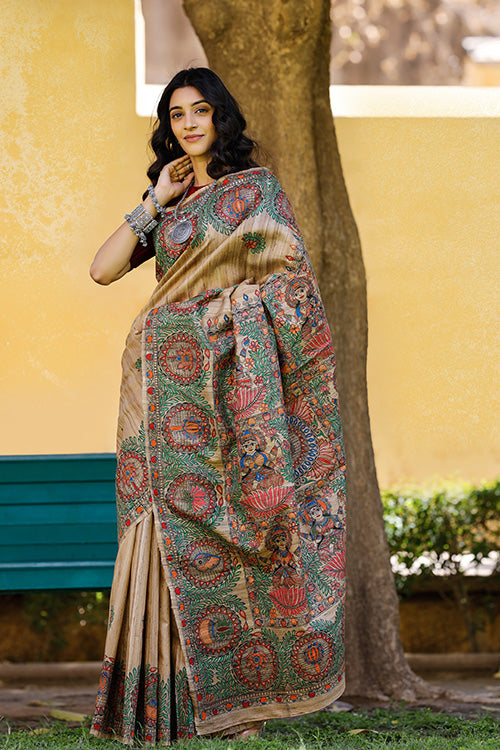 Diorama Designs Madhubani Hand-painted Durga Incarnations Silk Saree
