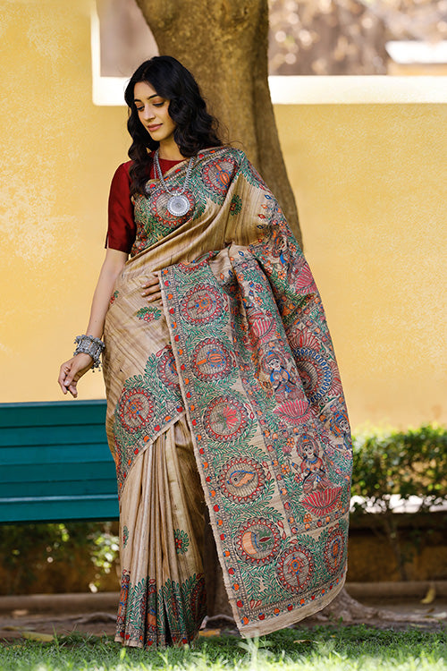 Durga Incarnations Hand Painted Tussar Silk Madhubani Saree Online