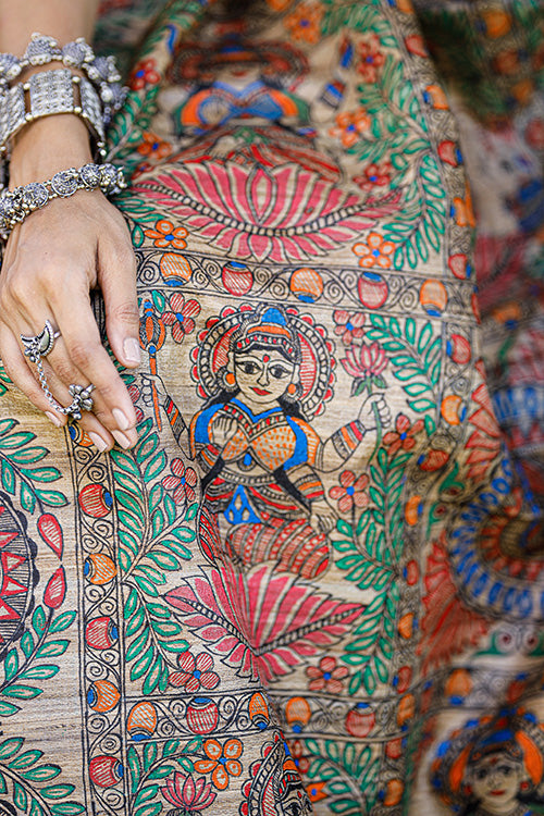 Diorama Designs Madhubani Hand-painted Durga Incarnations Silk Saree