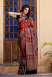 Riyaz Khatri Traditional Ajrakh Hand Block Printed  and natural Dye Modal Saree (red)
