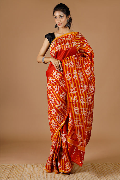 GC 'Bodhi' Handwoven Hand Batik Rust Mulberry Pure Silk Saree Online