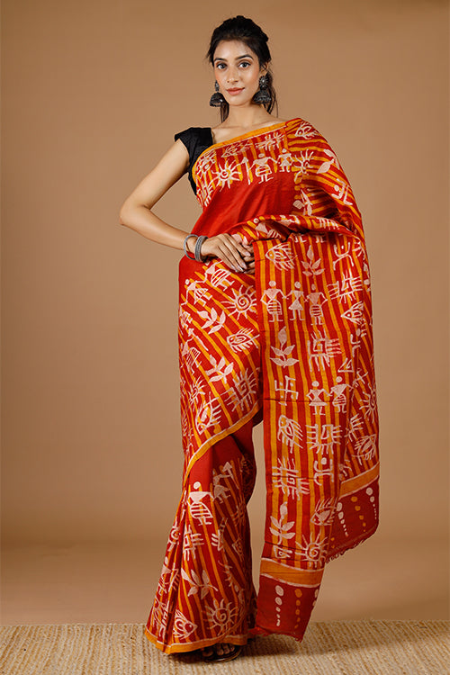 GC 'Bodhi' Handwoven Hand Batik Rust Mulberry Pure Silk Saree Online