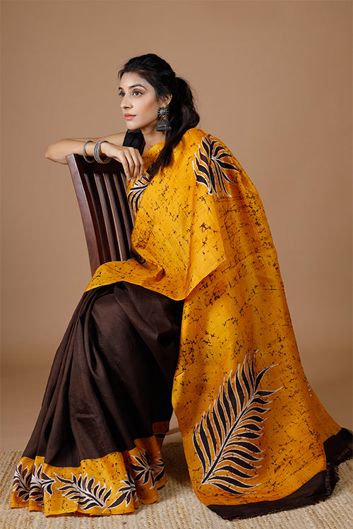 GC 'Fern Brown' Handwoven Hand Batik Mulberry Pure Silk Saree Online