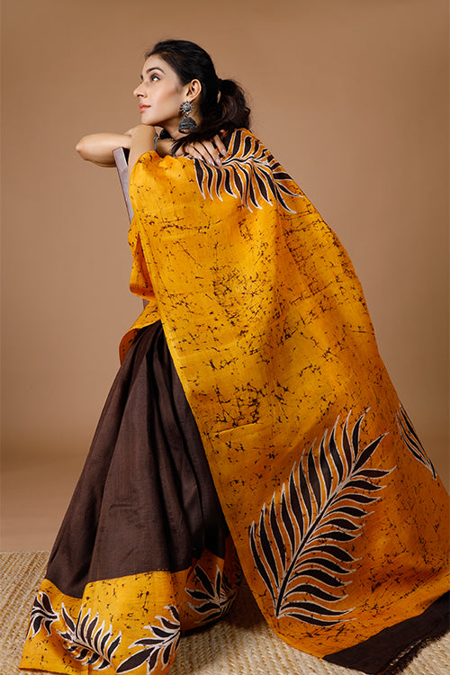 GC 'Fern Brown' Handwoven Hand Batik Mulberry Pure Silk Saree Online