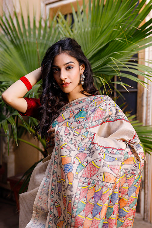 Diorama Designs Madhubani Hand-painted Matasya Silk Saree