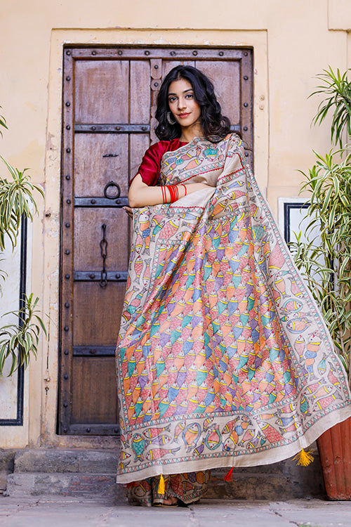 Matasya Hand Painted Tussar Silk Madhubani Saree Online