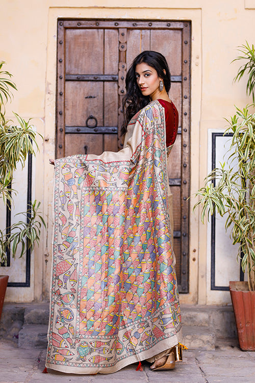 Matasya Hand Painted Tussar Silk Madhubani Saree Online