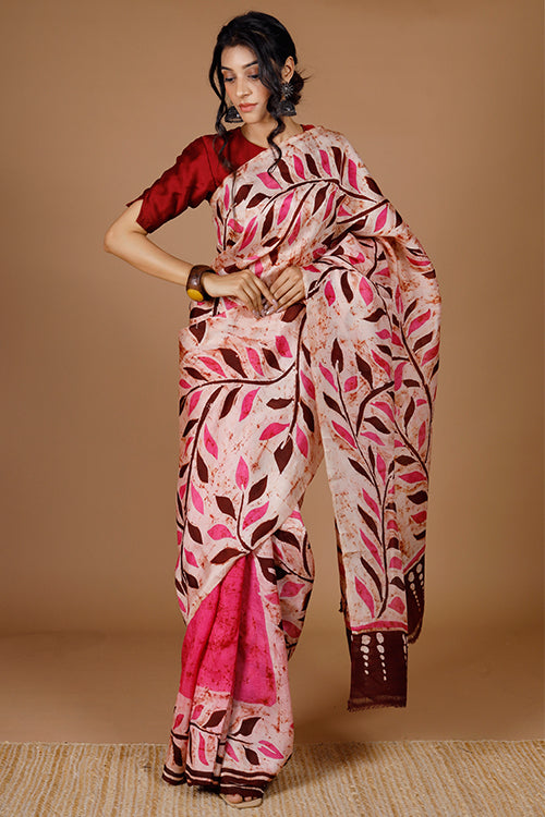GC 'Pinnate' Handwoven Hand Batik Mulberry Pure Silk Saree Online