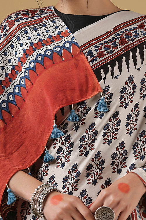 White Ajrakh Handblock Print Modal Saree | Jabbar Khatri