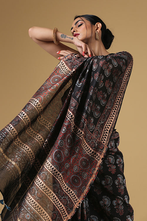 Handblock Printed Chanderi Kangdi Flower Col Black Ajrakh Saree Online