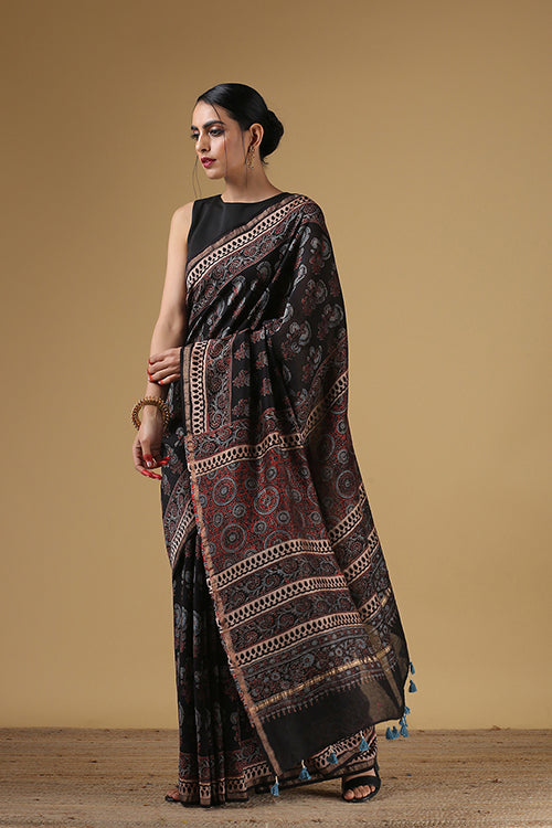 Handblock Printed Chanderi Kangdi Flower Col Black Ajrakh Saree Online
