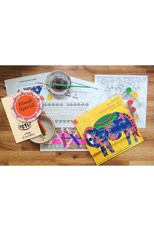 POTLI DIY Educational Craft kit - Paper Diya making kit with Madhubani Art 6 years +