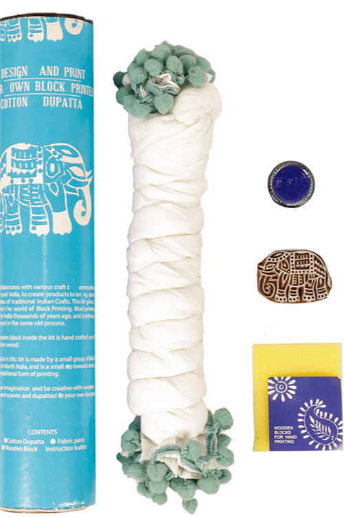 Potli DIY Dupatta Block Print Kit - Elephant (Blue)