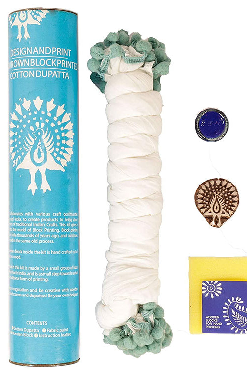 Potli DIY Dupatta Block Print Kit - Peacock (Blue)