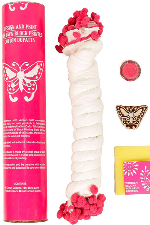 Potli DIY Dupatta Block Print Kit - Butterfly (Pink)