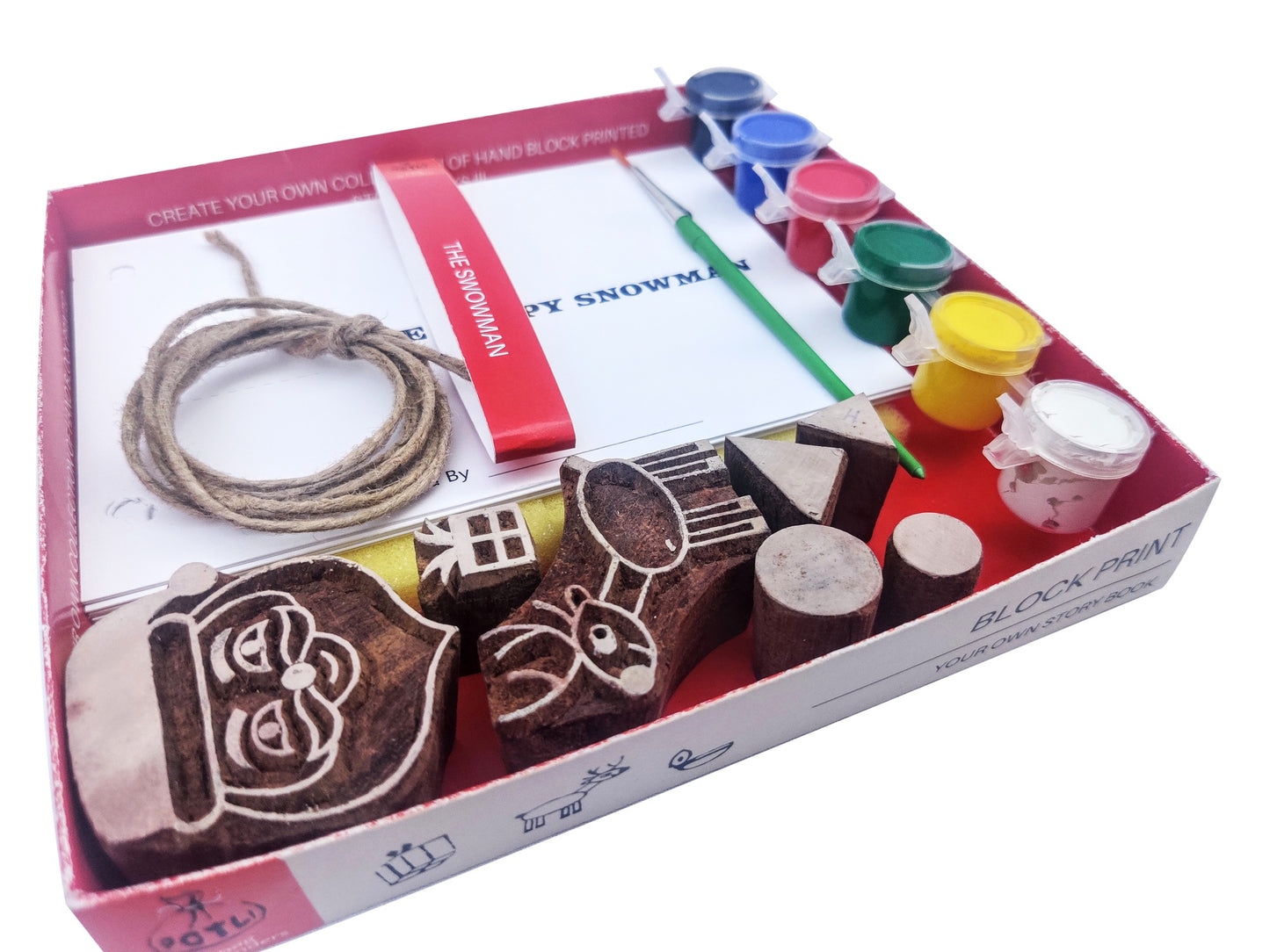 POTLI Handmade Wooden Block Print DIY Craft Kit -Block Print your own Snowman Storybook 5 Years +