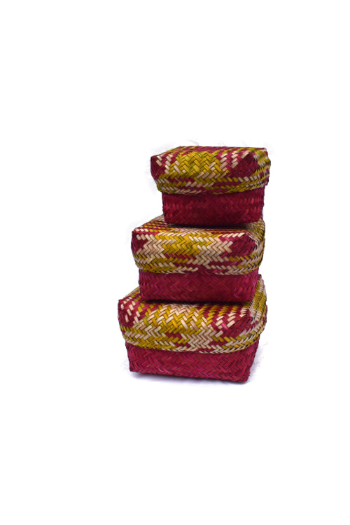 Kadam Haat Handmade Sitalpati Gift Box Set Of 3 (Red & Yellow)