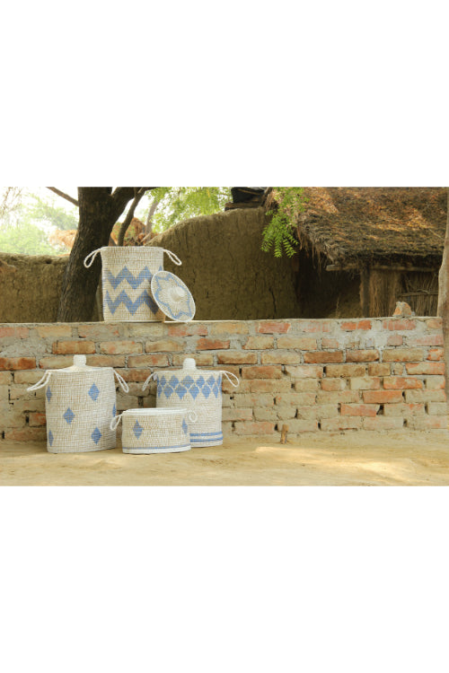 Kadam Haat Handmade Moonj Grass Storage Basket (Indigo)