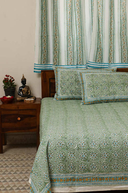Sootisyahi 'Floral Mesh' Handblock Printed Cotton Bedsheet-11