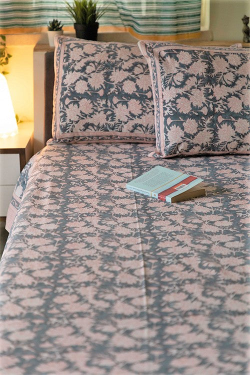 Sootisyahi 'The Grey Grace' Handblock Printed Cotton Bedsheet