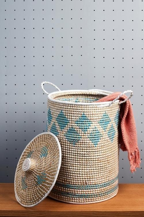 Handmade Moonj Grass Laundry Basket (Indigo)