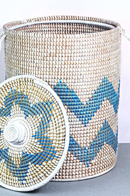 Handmade Moonj Grass Laundry Basket (Indigo)