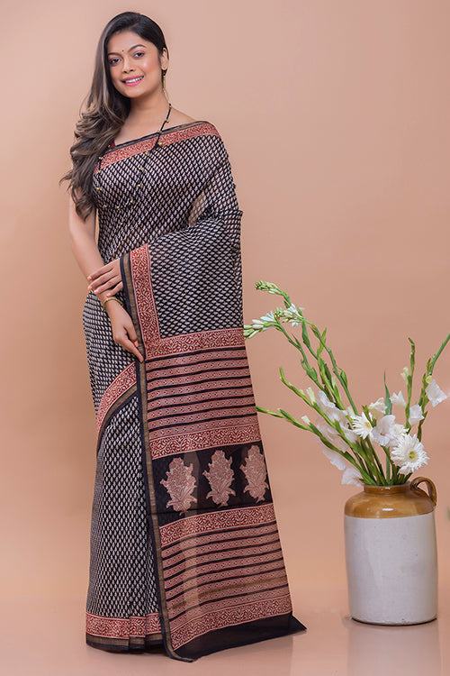 TICH Classic Elegance. Bagru Block Printed Chanderi Saree - Black Buds