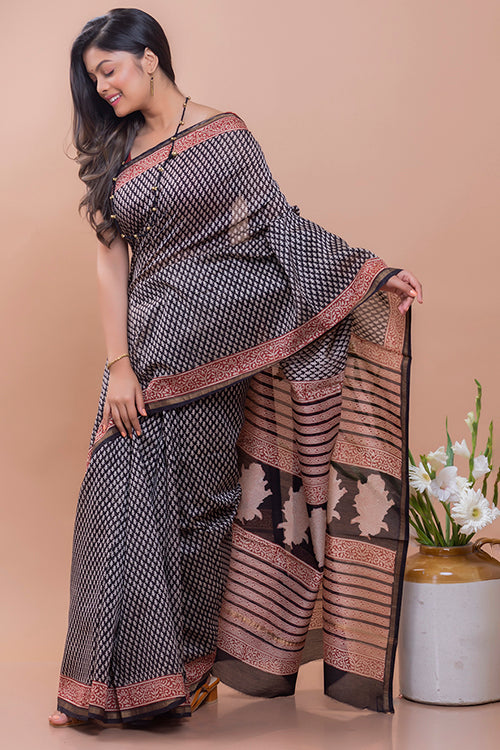 Bagru & Dabu Block Printed Black Buds Kota Doria Saree Online