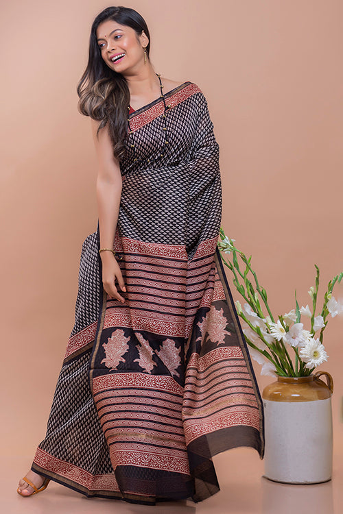 Bagru & Dabu Block Printed Black Buds Kota Doria Saree Online