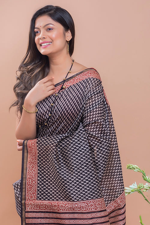 TICH Classic Elegance. Bagru Block Printed Chanderi Saree - Black Buds
