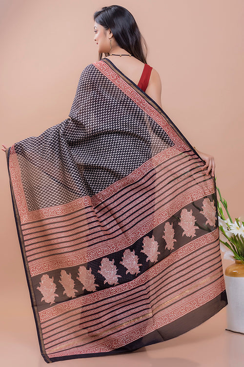 TICH Classic Elegance. Bagru Block Printed Chanderi Saree - Black Buds