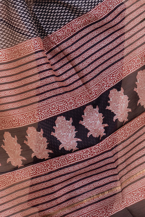 TICH Classic Elegance. Bagru Block Printed Chanderi Saree - Black Buds