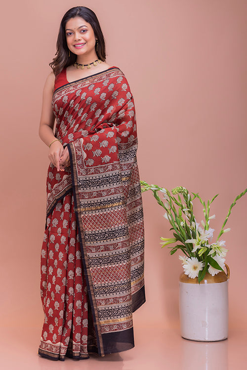 Classic Elegance Bagru Block Printed Red Floral Chanderi Saree Online