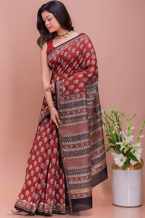 Classic Elegance Bagru Block Printed Red Floral Chanderi Saree Online