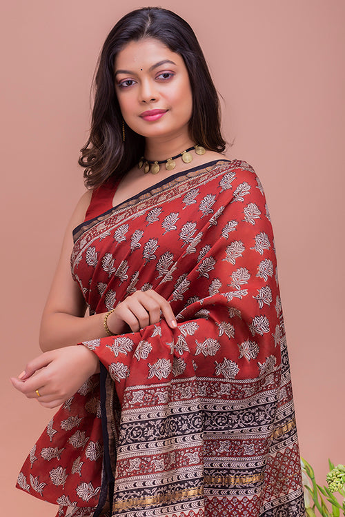 TICH Classic Elegance. Bagru Block Printed Chanderi Saree - Red Floral