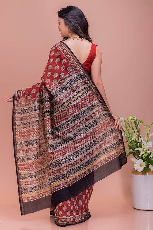 TICH Classic Elegance. Bagru Block Printed Chanderi Saree - Red Floral