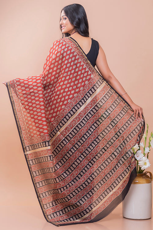 TICH Classic Elegance. Bagru Block Printed Chanderi Saree - Red Leaf