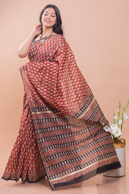 Classic Elegance Bagru Block Printed Red Leaf Chanderi Saree Online