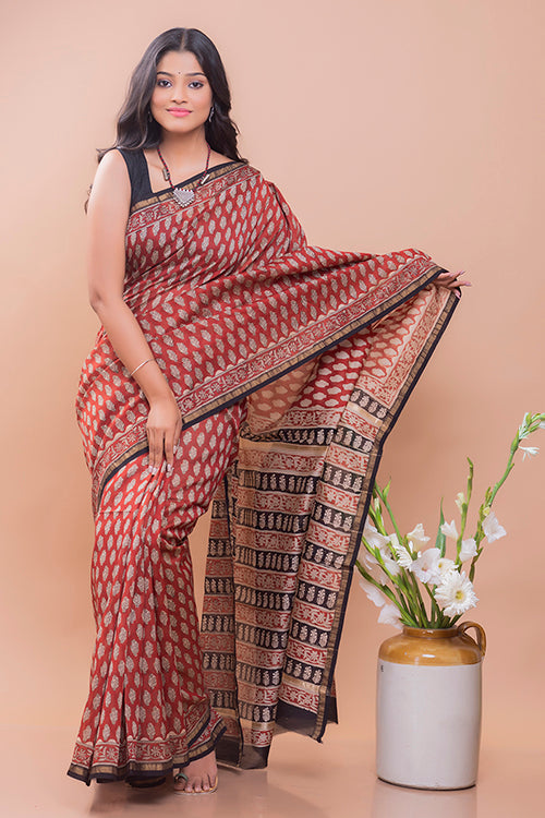 TICH Classic Elegance. Bagru Block Printed Chanderi Saree - Red Leaf