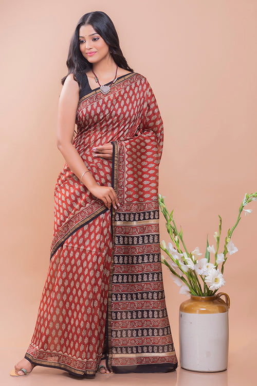 TICH Classic Elegance. Bagru Block Printed Chanderi Saree - Red Leaf
