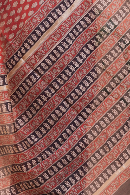 Classic Elegance Bagru Block Printed Red Leaf Chanderi Saree Online