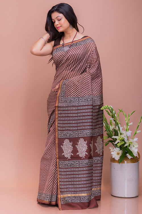 Bagru & Dabu Block Printed Brown Buds Kota Doria Chanderi Saree Online